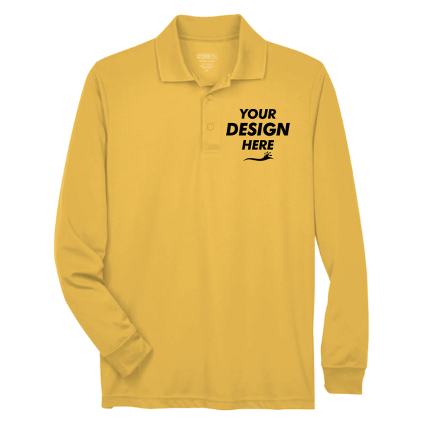 Core 365 Men's Pinnacle Performance Long Sleeve Piqué Polo, Campus Gold, Front view, Mockup
