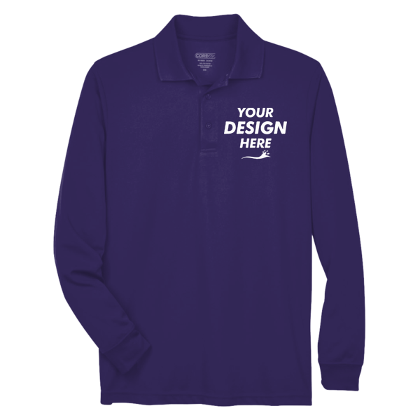 Core 365 Men's Pinnacle Performance Long Sleeve Piqué Polo, Campus Purple, Front view, Mockup