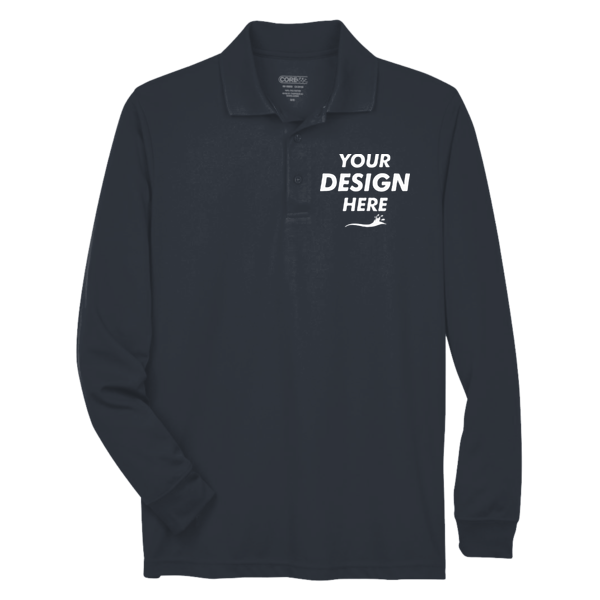 Core 365 Men's Pinnacle Performance Long Sleeve Piqué Polo, Carbon, Front view, Mockup
