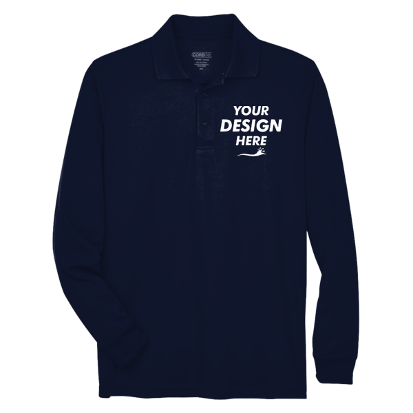 Core 365 Men's Pinnacle Performance Long Sleeve Piqué Polo, Classic Navy, Front view, Mockup