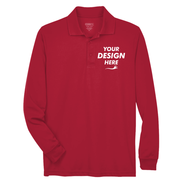 Core 365 Men's Pinnacle Performance Long Sleeve Piqué Polo, Classic Red, Front view, Mockup