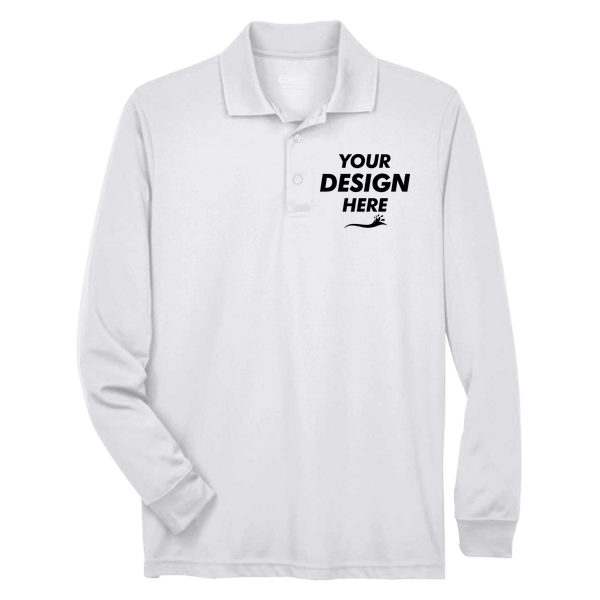 Core 365 Men's Pinnacle Performance Long Sleeve Piqué Polo, White, Front view, Mockup