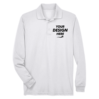 Core 365 Men's Pinnacle Performance Long Sleeve Piqué Polo, White, Front view, Mockup