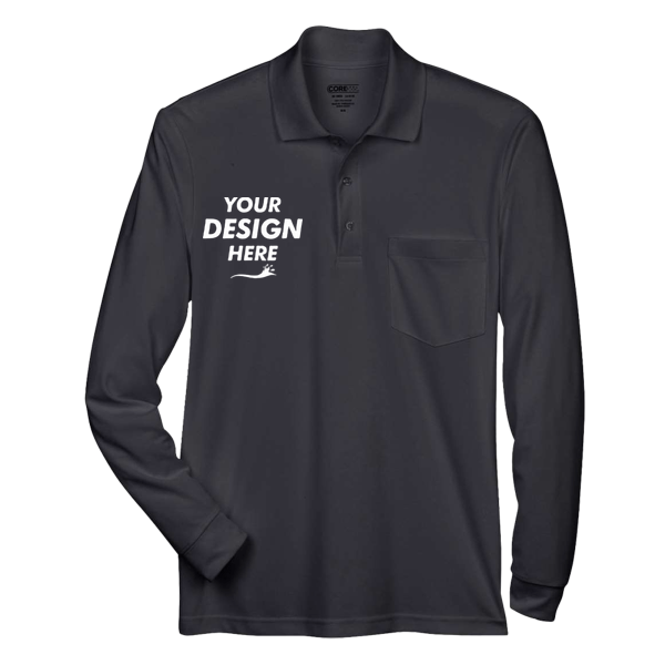 Core 365 Men's Pinnacle Performance Long Sleeve Piqué Polo with Pocket, Black, Front view, Mockup