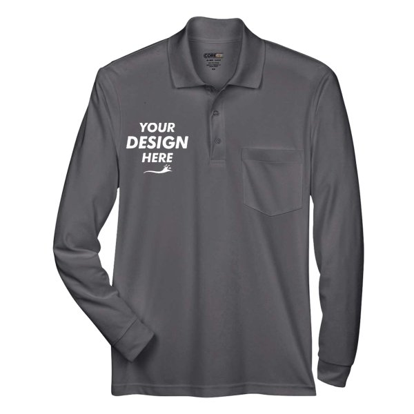 Core 365 Men's Pinnacle Performance Long Sleeve Piqué Polo with Pocket, Carbon, Front view, Mockup