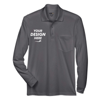 Core 365 Men's Pinnacle Performance Long Sleeve Piqué Polo with Pocket, Carbon, Front view, Mockup