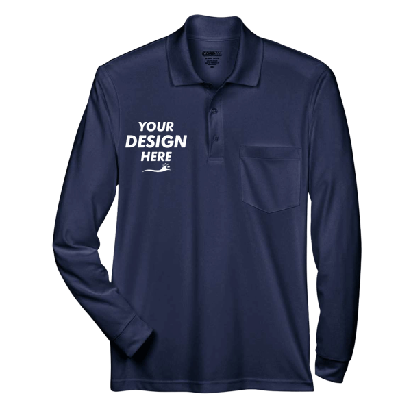 Core 365 Men's Pinnacle Performance Long Sleeve Piqué Polo with Pocket, Classic Navy, Front view, Mockup
