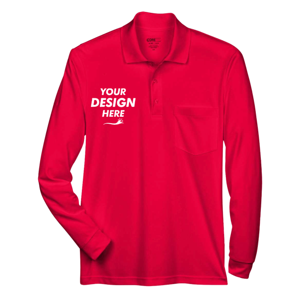Core 365 Men's Pinnacle Performance Long Sleeve Piqué Polo with Pocket, Classic Red, Front view, Mockup