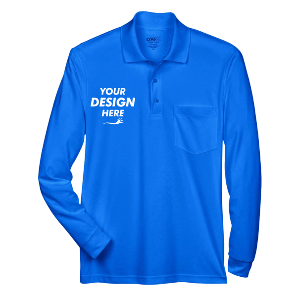 Core 365 Men's Pinnacle Performance Long Sleeve Piqué Polo with Pocket, True Royal, Front view, Mockup