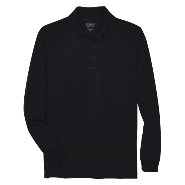 Core 365 Men's Pinnacle Performance Long Sleeve Piqué Polo, Black, Front view
