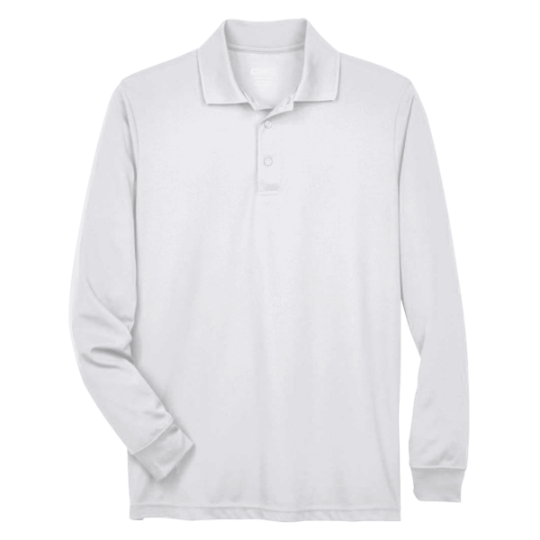 Core 365 Men's Pinnacle Performance Long Sleeve Piqué Polo, White, Front view