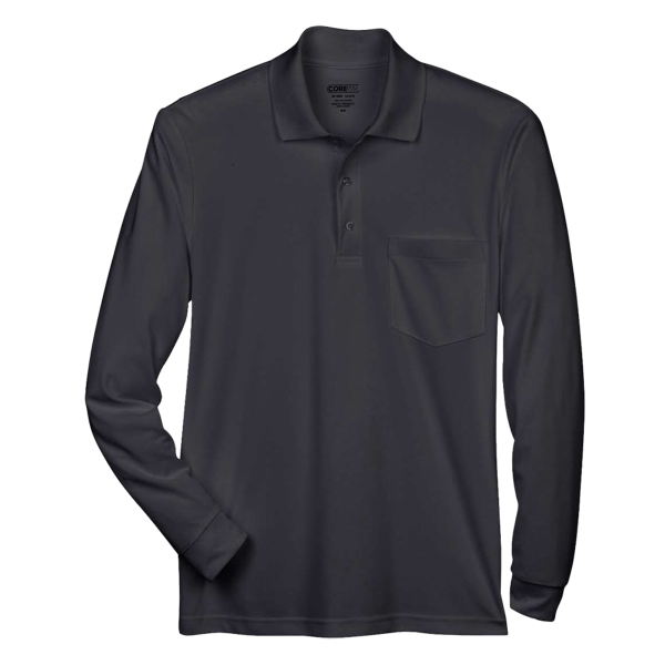 Core 365 Men's Pinnacle Performance Long Sleeve Piqué Polo with Pocket, Black, Front view