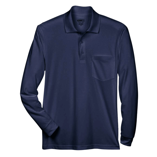 Core 365 Men's Pinnacle Performance Long Sleeve Piqué Polo with Pocket, Classic Navy, Front view