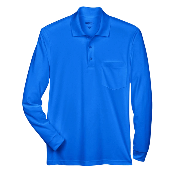 Core 365 Men's Pinnacle Performance Long Sleeve Piqué Polo with Pocket, True Royal, Front view