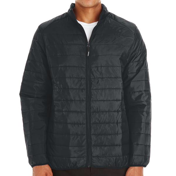 Core 365 Men's Prevail Packable Puffer Jacket, Black, Front view