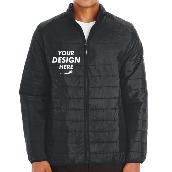 Core 365 Men's Prevail Packable Puffer Jacket, Black, Front view, Mockup
