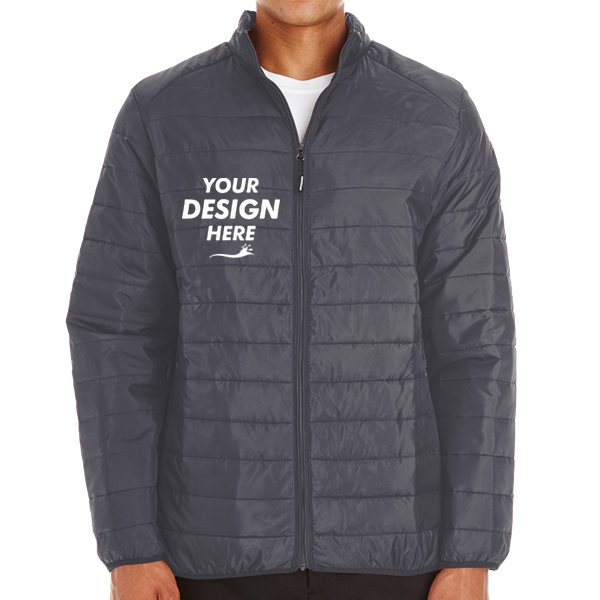 Core 365 Men's Prevail Packable Puffer Jacket, Carbon, Front view, Mockup