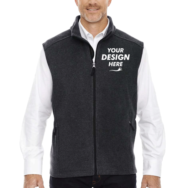 Core 365 Men's Tall Journey Fleece Vest, Heather Charcoal, Front view, Mockup