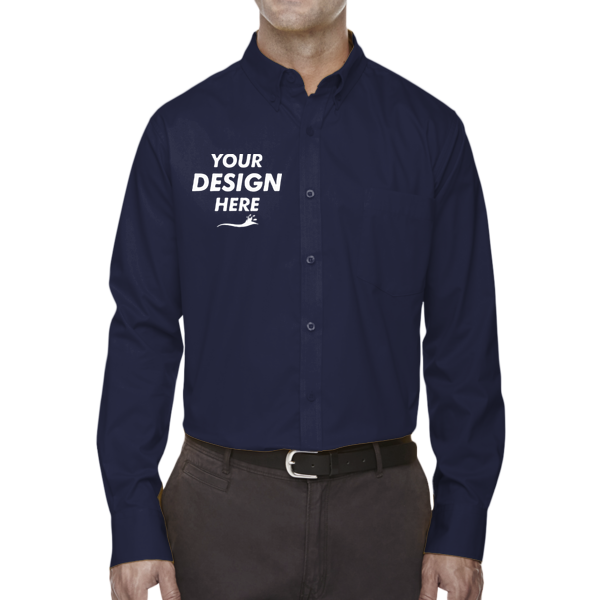 Core 365 Men's Tall Operate Twill Dress Shirt, Classic Navy, Front view, Mockup