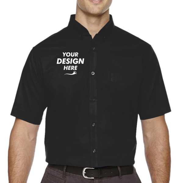 Core 365 Men's Tall Optimum Short Sleeve Twill Dress Shirt, Black, Front view, Mockup