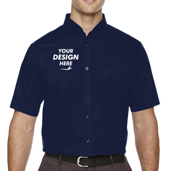 Core 365 Men's Tall Optimum Short Sleeve Twill Dress Shirt, Classic Navy, Front view, Mockup