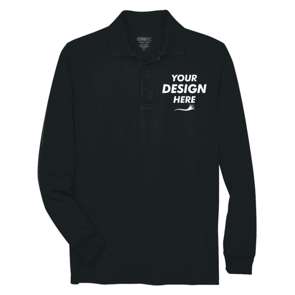 Core 365 Men's Tall Pinnacle Performance Long Sleeve Piqué Polo, Black, Front view, Mockup