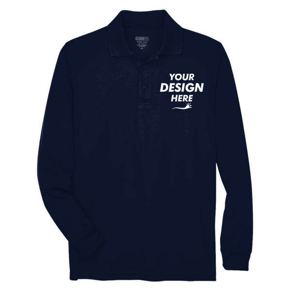 Core 365 Men's Tall Pinnacle Performance Long Sleeve Piqué Polo, Classic Navy, Front view, Mockup