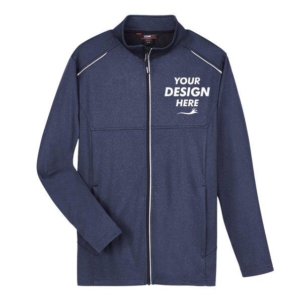 Core 365 Men's Techno Lite Three-Layer Knit Tech-Shell, Classic Navy Heather, Front view, Mockup