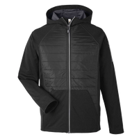 Core 365 Unisex Techno Lite Hybrid Hooded Jacket, Black, Front view