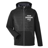 Core 365 Unisex Techno Lite Hybrid Hooded Jacket, Black, Front view, Mockup