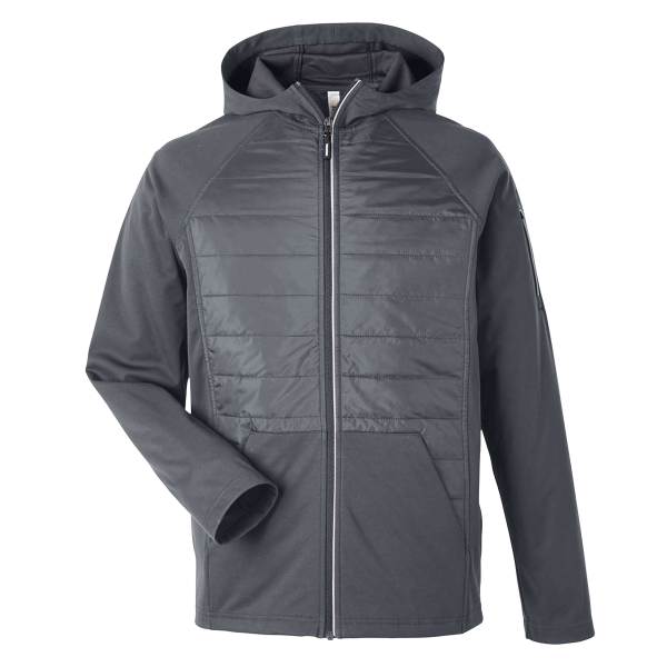 Core 365 Unisex Techno Lite Hybrid Hooded Jacket, Carbon, Front view