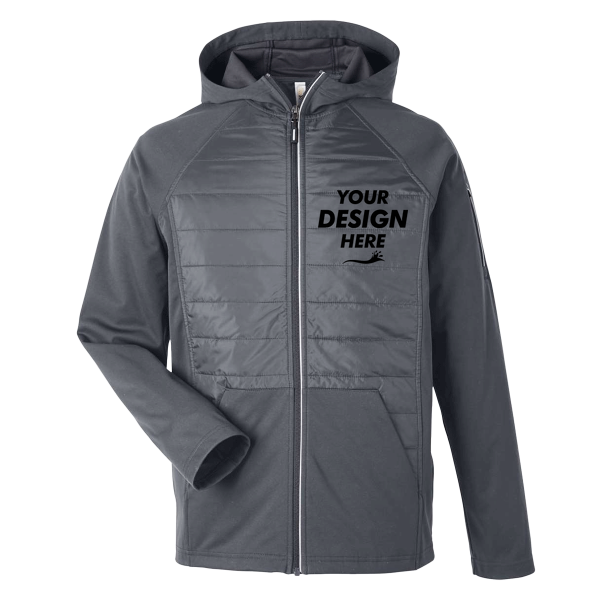 Core 365 Unisex Techno Lite Hybrid Hooded Jacket, Carbon, Front view, Mockup