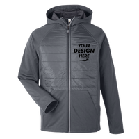 Core 365 Unisex Techno Lite Hybrid Hooded Jacket, Carbon, Front view, Mockup