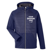 Core 365 Unisex Techno Lite Hybrid Hooded Jacket, Classic Navy, Front view, Mockup