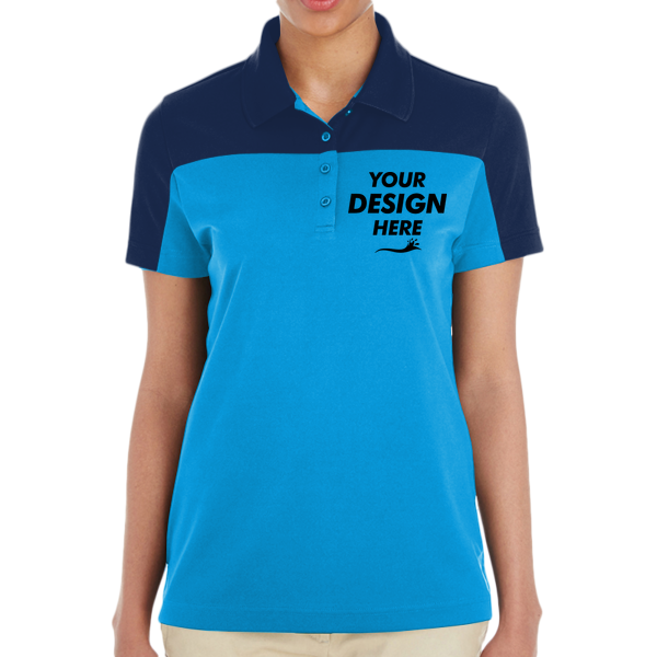 Core 365 Women's Balance Colorblock Performance Piqué Polo, Electric Blue / Classic Navy, Front view, Mockup