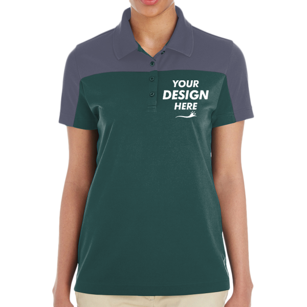 Core 365 Women's Balance Colorblock Performance Piqué Polo, Forest / Carbon, Front view, Mockup