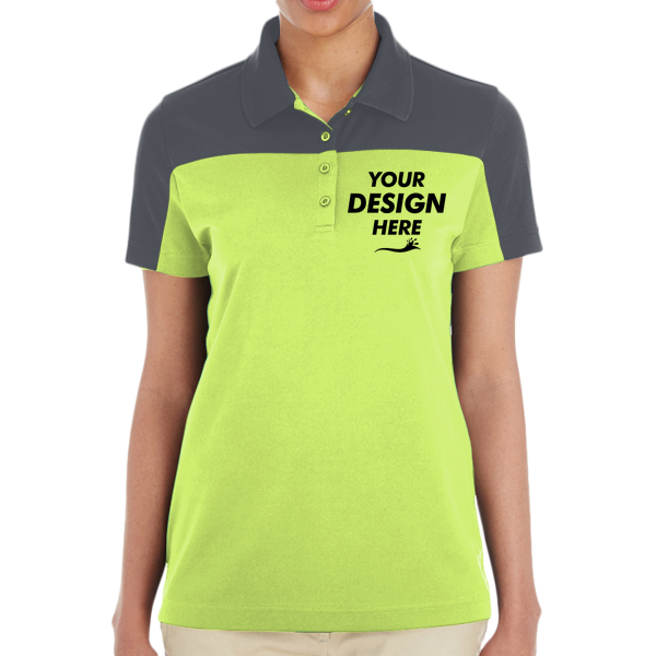 Core 365 Women's Balance Colorblock Performance Piqué Polo, Safety Yellow / Carbon, Front view, Mockup