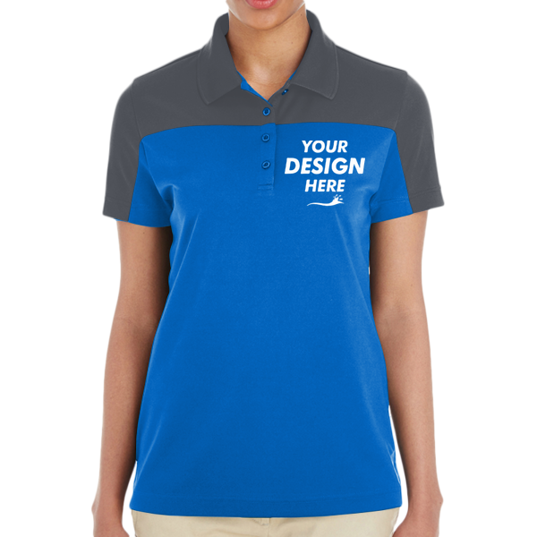 Core 365 Women's Balance Colorblock Performance Piqué Polo, True Royal / Carbon, Front view, Mockup