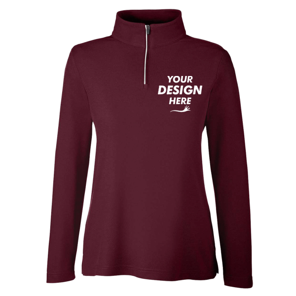 Core 365 Women's Fusion ChromaSoft™ Pique Quarter-Zip Pullover, Burgundy, Front view, Mockup