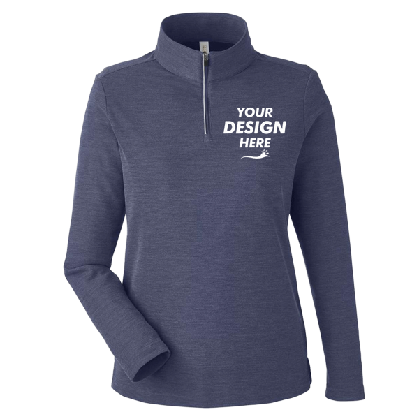 Core 365 Women's Fusion ChromaSoft™ Pique Quarter-Zip Pullover, Classic Navy Heather, Front view, Mockup