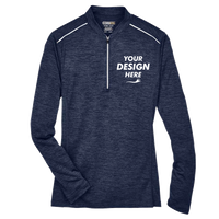 Core 365 Women's Kinetic Performance Quarter-Zip Pullover, Classic Navy Heather / Carbon, Front view, Mockup