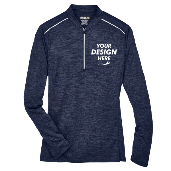 Core 365 Women's Kinetic Performance Quarter-Zip Pullover, Classic Navy Heather / Carbon, Front view, Mockup