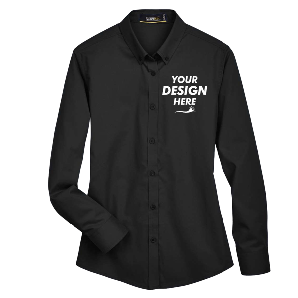 Core 365 Women's Operate Twill Shirt, Black, Front view, Mockup