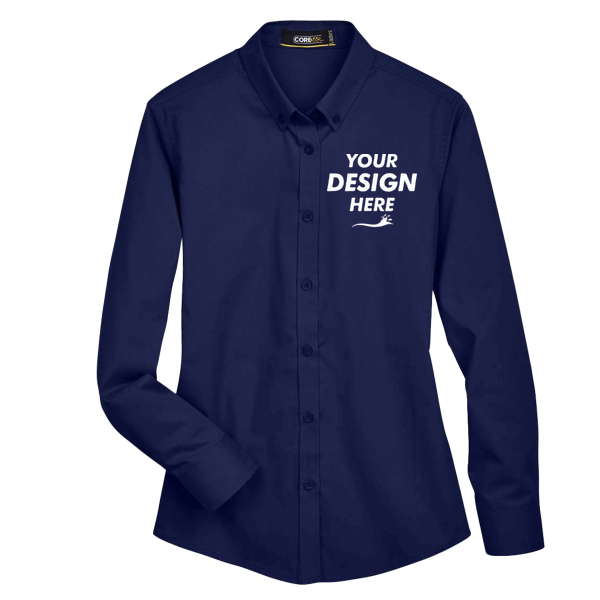 Core 365 Women's Operate Twill Shirt, Classic Navy, Front view, Mockup