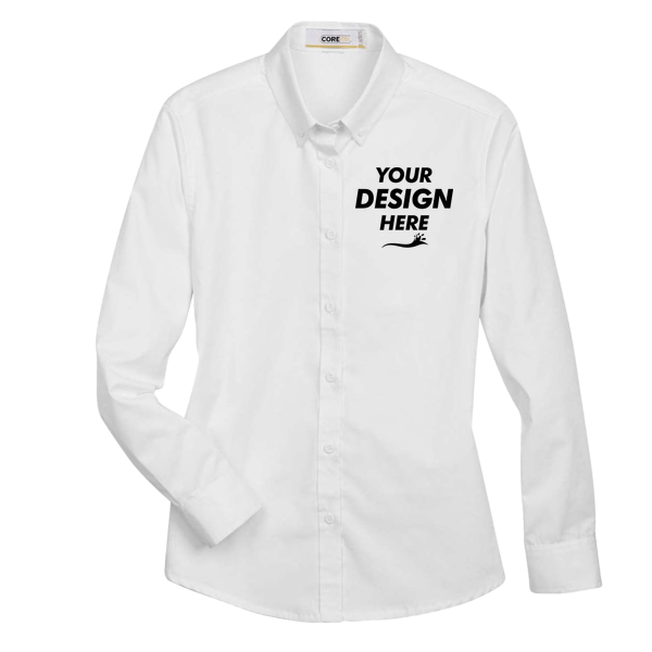 Core 365 Women's Operate Twill Shirt, White, Front view, Mockup