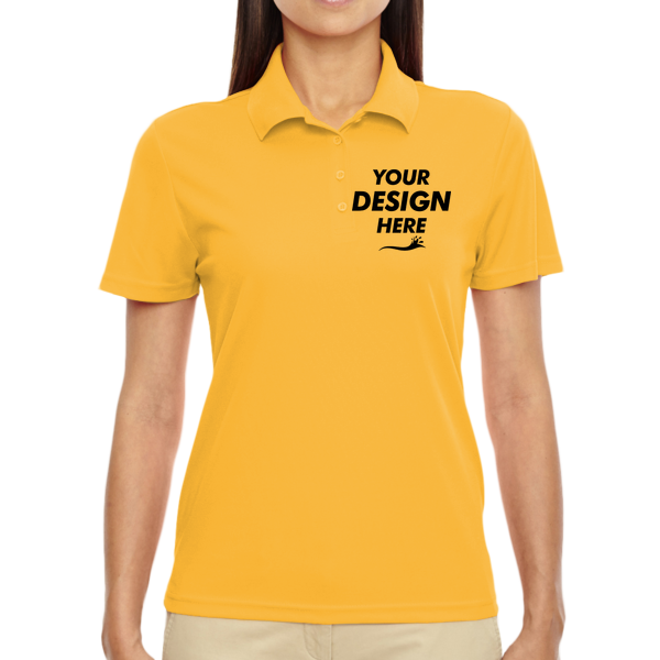 Core 365 Women's Origin Performance Piqué Polo, Campus Gold, Front view, Mockup