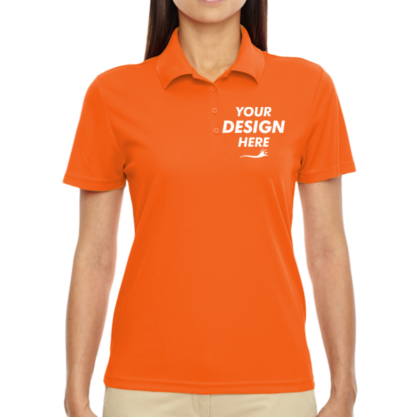 Core 365 Women's Origin Performance Piqué Polo, Campus Orange, Front view, Mockup