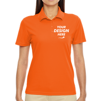 Core 365 Women's Origin Performance Piqué Polo, Campus Orange, Front view, Mockup