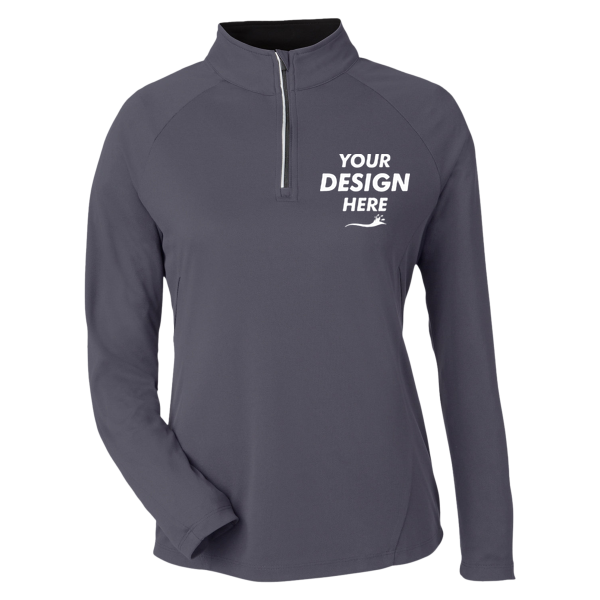 Core 365 Women's Origin Performance Pique Quarter-Zip Pullover, Carbon / Black, Front view, Mockup