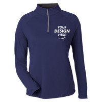 Core 365 Women's Origin Performance Pique Quarter-Zip Pullover, Classic Navy Heather / Carbon, Front view, Mockup